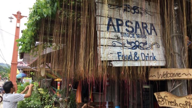 A rustic wooden sign reading APSARA Food & Drink hangs amid hanging vines at an outdoor café.