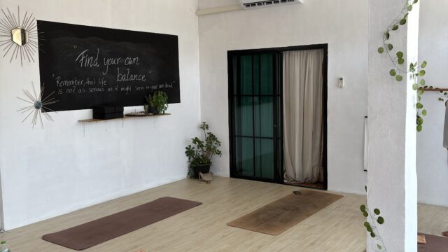 Yoga studio with mats, towels, and water bottles on a wooden floor; bright room with plants and a chalkboard on the wall.