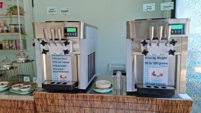 Two frozen yogurt machines with labeled flavors, price signs, and bowls on a bamboo-covered counter in a brightly lit shop.