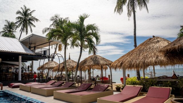 Poolside loungers with thatched umbrellas and palm trees by the beach, under a partly cloudy sky.