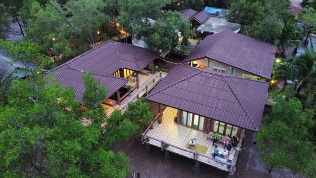 Aerial view of brown-roofed houses surrounded by lush green trees, with lights illuminating patios and walkways.