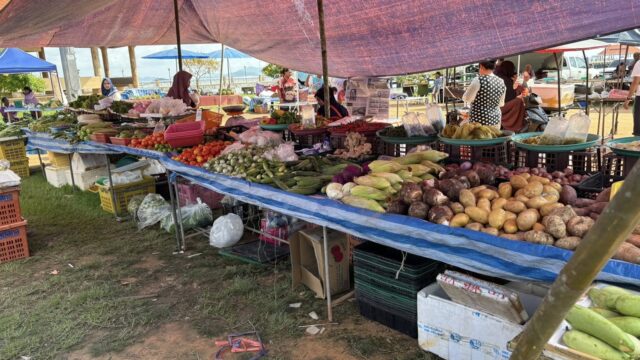 A market stall with a variety of vegetables like potatoes, corn, tomatoes, and greens under a purple tarp.