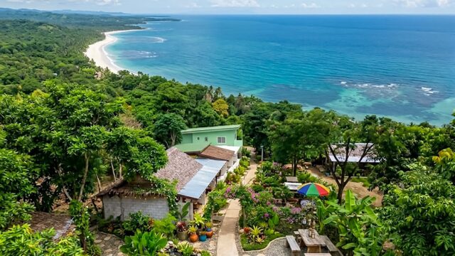 A lush tropical garden overlooks a turquoise ocean and sandy beach, with a few houses nestled among the trees.