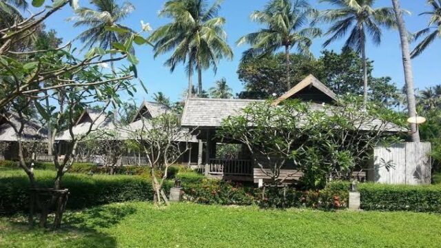Traditional wooden cottages with sloped roofs, surrounded by tropical trees and green lawn under a clear blue sky.