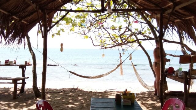 Shaded beach hut with a table and chairs, hammocks between trees, and a person standing near the shore, facing the sea.