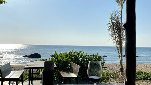 A glass of wine on a table overlooks a sunny beach and ocean view, with outdoor seating and green plants nearby.