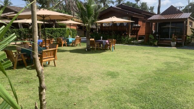 Outdoor seating area with wooden tables and chairs, umbrellas, and grassy lawn near wooden buildings on a sunny day.